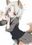  \m/ animal_ears bakunyuu_gorilla blush brave_witches commentary double_\m/ edytha_rossmann eyebrows_visible_through_hair flying_sweatdrops fox_ears fox_tail highres looking_at_viewer military military_uniform panties pose purple_eyes shadow short_hair simple_background sleeves_rolled_up solo tail underwear uniform vest wavy_mouth white_background world_witches_series 