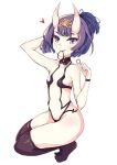  1girl arm_up bangs bare_shoulders blush breasts brown_legwear collarbone eyebrows_visible_through_hair fang fate/grand_order fate_(series) fingernails full_body hair_tie hair_tie_in_mouth hand_behind_head headpiece heart high_ponytail horns looking_at_viewer mouth_hold nakatokung no_shoes oni oni_horns parted_lips ponytail purple_eyes purple_hair revealing_clothes shuten_douji_(fate/grand_order) simple_background small_breasts solo squatting thighhighs white_background 