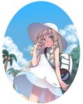  alolan_exeggutor alolan_form arm_at_side bag bangs bare_arms bare_shoulders blonde_hair blue_sky blunt_bangs blush braid cloud cowboy_shot day dress duffel_bag green_eyes h_kasei hair_tie hat lillie_(pokemon) long_hair looking_at_viewer outdoors over_shoulder poke_ball_print pokemon pokemon_(game) pokemon_sm see-through shiny shiny_skin sky sleeveless sleeveless_dress solo standing sun_hat twin_braids white_dress white_hat 