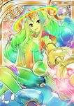 breasts cape creature crown goo_girl green_skin highres large_breasts monster_girl moon multicolored_hair rainbow rainbow_hair shinkai_no_valkyrie slime slime_queen staff 
