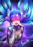  absurdres alternate_costume blue_hair bodysuit breasts cleavage dj_sona headphones helmet highres large_breasts league_of_legends lips lipstick long_hair looking_at_viewer makeup nose puffy_lips purple_lipstick realistic samanta_niz see-through signature silver_trim skin_tight solo sona_buvelle twintails very_long_hair visor 