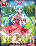  animal_ears asuna_(sao) asuna_(sao-alo) blue_eyes blue_hair bunny_ears card_(medium) day dress fake_animal_ears food fruit hairband holding holding_food holding_fruit long_hair looking_at_viewer official_art outdoors pink_hairband pointy_ears red_dress smile solo sword_art_online sword_art_online:_code_register 