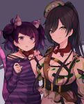  2girls :o animal_ear_fluff animal_ears bangs bell belt black_hair bow brown_gloves camouflage_hat cat_ears cat_tail chains collarbone crop_top earrings eyebrows_visible_through_hair fang fingerless_gloves gloves hand_on_another&#039;s_chin hands_up hanetsuka highres idolmaster idolmaster_shiny_colors jewelry jingle_bell long_hair long_sleeves looking_at_viewer multicolored_hair multiple_girls navel off_shoulder open_mouth orange_bow pink_hair ponytail purple_hair purple_shirt shirase_sakuya shirt short_sleeves sidelocks sleeves_past_wrists star stomach striped striped_shirt sweat tail tanaka_mamimi tilted_headwear twintails two-tone_hair upper_body v-shaped_eyebrows 