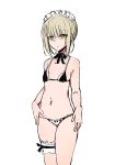 1girl absurdres artoria_pendragon_(all) artoria_pendragon_(swimsuit_rider_alter) bangs bare_arms bare_shoulders black_bow black_bra bow bow_panties bra closed_mouth eyebrows_visible_through_hair fate/grand_order fate_(series) hair_between_eyes highres leg_garter light_brown_hair looking_at_viewer maid_headdress nakatokung navel panties sidelocks simple_background solo standing underwear white_background white_panties yellow_eyes 