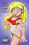  2019 5_fingers ambiguous_gender android balrog_(cave_story) biped blonde_hair blush breasts butt cave_story clothing curly_brace duo english_text female female_focus gradient_background green_eyes hair hi_res holding_object humanoid looking_at_viewer machine navel nipple_bulge open_mouth paint panties panty_pull poethewondercat robot simple_background solo_focus standing suntan swimsuit tan_line text underwear video_games 