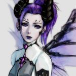  alternate_costume bodysuit breasts dark_persona demon_girl demon_horns earrings emblem eyelashes facial_mark forehead_mark high_ponytail highres horns imp_mercy jewelry lips lipstick looking_at_viewer looking_away looking_to_the_side makeup mechanical_wings mercy_(overwatch) nvalkyrja overwatch patch ponytail purple_eyes purple_hair purple_lipstick purple_wings simple_background sketch small_breasts solo spread_wings stud_earrings upper_body white_background wings 
