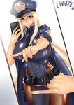  1girl blonde_hair blush breasts brown_eyes covered_navel curvy huge_breasts long_hair looking_at_viewer one_finger_selfie_challenge police_uniform solo very_long_hair wide_hips 