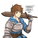  aoi_taishi armor brown_eyes brown_hair character_name copyright_name fighter_(granblue_fantasy) gauntlets gran_(granblue_fantasy) granblue_fantasy hood hoodie looking_at_viewer male_focus over_shoulder simple_background smile solo sword upper_body weapon weapon_over_shoulder white_background 