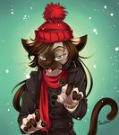  5_fingers anthro black_nose blue_eyes brown_hair cat clothed clothing feline green_background hair mammal moenkin simple_background solo tongue whiskers 