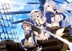  3girls :d ahoge aircraft airship black_legwear blue_eyes blue_sky breasts camieux cleavage cloud cloudy_sky collarbone cucouroux_(granblue_fantasy) day draph granblue_fantasy grey_eyes hair_tubes large_breasts long_hair looking_at_viewer medium_breasts multiple_girls navel open_mouth outdoors panties pantyshot pantyshot_(sitting) pleated_skirt siblings silva_(granblue_fantasy) silver_hair sisters sitting skirt sky smile thighhighs underwear white_panties yellow_eyes zettai_ryouiki 