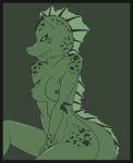  amberflame animal_humanoid breasts dragon_humanoid dungeons&amp;dragons dungeonsanddragons elbowspikes female femaledragon frill greeneyes greenmarkings humanoid lookingatviewer monochrome nipples pointednose scales simplebackground sitting smile 