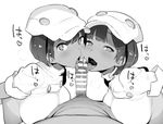  2girls aether_foundation_employee bangs bar_censor blush breast_press breasts breath bright_pupils cabbie_hat censored cheek-to-cheek dark_skin elbow_gloves fellatio ffm_threesome gloves greyscale group_sex hat heart heart-shaped_pupils highres large_breasts looking_at_viewer male_pubic_hair monochrome multiple_fellatio multiple_girls oral penis pokemon pokemon_(game) pokemon_sm pubic_hair shinjiro shirt short_hair short_sleeves simple_background smile sweat symbol-shaped_pupils threesome tongue uniform upper_body white_background 