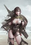  arm_belt bangs blue_eyes braid breasts brown_hair buckle cape choker cleavage contrapposto corset cross-laced_clothes day desert dongho_kang fantasy gauntlets greatsword grey_sky hand_on_hilt highleg holding_strap large_breasts leather lips long_hair long_sword looking_at_viewer messy_hair original outdoors parted_lips realistic scabbard sheath sheathed shield single_gauntlet sky solo standing sword thigh_strap thighhighs torn_cape twin_braids underbust vial weapon wind 