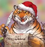  ambiguous_gender cervine christmas english_text feathers feline feral grin hat holidays iguanamouth looking_at_viewer loose_feather mammal naughty_or_nice out_of_context quill reindeer santa_hat semi-anthro sharp_teeth smile smirk solo_focus teeth text tiger whiskers wide_eyed 