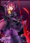  1girl armor ass bodysuit breasts cekonikova fang fate/grand_order fate_(series) from_behind from_below large_breasts long_hair looking_at_viewer looking_back open_mouth pantyhose purple_hair red_eyes scathach_(fate/grand_order) shiny shiny_hair sideboob solo spear very_long_hair weapon 