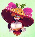  big_breasts black_hair breast_squish breasts candle candy carmessi cleavage clothed clothing day_of_the_dead female food glowing glowing_eyes hair hat holding_breast huge_breasts la_muerte mexican not_furry red_lipstick sombrero sugar_skull the_book_of_life 