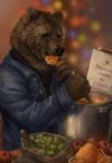  5_fingers anthro bear black_eyes black_nose blurred_background brown_fur clothed clothing english_text fur honeycomb male mammal solo standing text wolnir 
