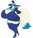  anthro big_breasts breasts cabigoola canine clothed clothing female hat huge_breasts hyper hyper_breasts mammal nipple_bulge obese overweight smile solo standing witch_hat 