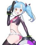  :d arched_back ass bangs black_legwear blue_hair blunt_bangs blush bow elbow_gloves eyebrows_visible_through_hair flip_flappers frills gloves gun hair_bow hand_up highres long_hair looking_at_viewer majicjiang nyunyu open_mouth orange_eyes simple_background skin_tight smile solo thick_eyebrows thighhighs trigger_discipline twintails weapon white_background 