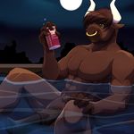 2016 5_fingers abs alcohol animal_genitalia animal_penis anthro beer beverage biceps big_penis biped bovine brown_fur brown_hair brown_penis brown_tail can cattle cel_shading detailed_background digital_media_(artwork) equine_penis erection facial_piercing full_moon fur green_eyes hair hand_on_knee holding_object humanoid_hands lapres male mammal medial_ring moon muscular muscular_male night nose_piercing nose_ring nude outside partially_submerged pecs penis piercing septum_piercing short_hair signature sky solo star starry_sky strider_auroch the_spiner thick_penis water 