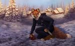  5_fingers anthro black_nose blue_eyes canine clothed clothing day detailed_background fox fur holding_object holding_weapon knife male mammal orange_fur outside sky snow solo weapon whiskers wolnir 