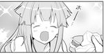  ahoge closed_eyes comic commentary_request fang food greyscale hair_flaps hamburger hikawa79 holding holding_food kantai_collection kuma_(kantai_collection) leaning_forward long_hair monochrome open_mouth sailor_collar sailor_shirt shirt short_sleeves sidelocks smile solo sparkle_background translated 