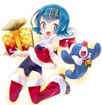  alternate_costume bare_shoulders bell bell_collar blue_eyes blue_hair box christmas clothed_pokemon collar full_body fur_trim gen_7_pokemon gift gift_box hairband hat hood hoodie jingle_bell jumping looking_at_viewer one-piece_swimsuit pokemon pokemon_(creature) pokemon_(game) pokemon_sm popplio santa_costume santa_hat school_swimsuit short_hair suiren_(pokemon) swimsuit swimsuit_under_clothes trial_captain white_background yukian 