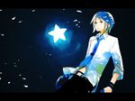  1boy belt blue_hair blue_necktie earphones expressionless male_focus matsuda_toki matsudappoiyo necktie official_art pants red_eyes shirt solo star_(sky) utau white_shirt wristband 