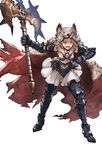 armor armored_boots axe battle_axe berserker_(granblue_fantasy) blonde_hair boots brown_eyes cape djeeta_(granblue_fantasy) full_body gauntlets gloves granblue_fantasy holding holding_weapon midriff minaba_hideo official_art open_mouth short_hair simple_background skirt solo standing weapon white_background 