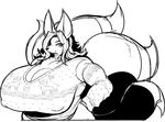 anthro big_breasts breasts cabigoola canine clothed clothing female huge_breasts hyper hyper_breasts mammal monochrome nipple_bulge smile solo 