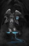  5_fingers anthro black_feathers black_nose breasts canine eyes_closed feathered_wings feathers featureless_breasts female grey_feathers kneeling mammal nude solo wide_hips wings wolf wolnir 