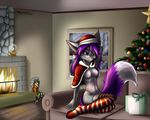  2016 breasts candle canine cape christmas clothing dreamkeepers female fire fireplace fox fur gift grey_fur hair hat holidays legwear looking_at_viewer mammal mancoin miri_rodgers purple_eyes purple_hair purple_tail smile snow socks sofa solo tree window 