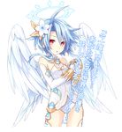  angel_wings bare_shoulders blue_hair elbow_gloves flat_chest flower four_goddesses_online:_cyber_dimension_neptune gloves hair_flower hair_ornament halo hands_together leotard looking_at_viewer neptune_(series) open_mouth power_symbol red_eyes short_hair solo translation_request transparent_background tsunako white_heart wings 