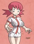  1girl akane_(pokemon) blush breasts cerebro_podrido erect_nipples lactation large_breasts low_twintails milk_leaking_through_clothing pink_hair pokemon pokemon_(game) pokemon_gsc solo twintails wet 