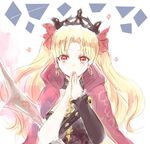  belt blonde_hair cape commentary covering_mouth crown earrings ereshkigal_(fate/grand_order) fate/grand_order fate_(series) hair_ribbon hands_together jewelry long_hair looking_at_viewer red_cape red_eyes red_ribbon ribbon single_sleeve skull sodamachi solo twintails upper_body white_background 