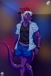  abs android anthro athletic clothing dragon ear_piercing hat invalid_tag jewelry libra-11 looking_at_viewer machine male muscular necklace pecs piercing purple_scales robot scales scalie shirt shorts smile underwear 