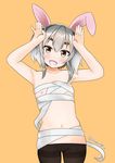  animal_ears armpits arms_up bandages black_hair bunny_ears cameltoe fang flat_chest gradient_hair grey_hair highres kantai_collection lowleg_pantyhose multicolored_hair nako_mameta nipple_slip nipples no_panties open_mouth pantyhose smile solo thick_eyebrows tokitsukaze_(kantai_collection) 