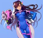  ;) animal_print bangs blue_bodysuit bodysuit bracer breasts brown_eyes brown_hair bunny_print charm_(object) chkuyomi closed_mouth cowboy_shot d.va_(overwatch) facepaint facial_mark gloves gun hand_on_hip handgun headphones high_collar holding holding_gun holding_weapon long_hair long_sleeves medium_breasts one_eye_closed overwatch pauldrons pilot_suit pink_lips pointing pointing_at_viewer ribbed_bodysuit shoulder_pads simple_background skin_tight smile solo swept_bangs thigh_gap thigh_strap weapon whisker_markings white_gloves 