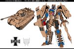  caterpillar_tracks dinobot emblem english fangs fusion girls_und_panzer ground_vehicle gun highres insignia kuromorimine_(emblem) m_ganzy machinery maximal mecha military military_vehicle motor_vehicle multiple_views no_humans predacon red_eyes robot science_fiction standing tank teeth tiger_ii transformers weapon white_background 