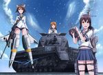  :d animal_ears bangs black_hair blouse blue_skirt blue_sky brown_eyes brown_hair caterpillar_tracks cloud cloudy_sky confetti crossover dai_toro day dog_ears emblem fling fubuki_(kantai_collection) girls_und_panzer ground_vehicle gun headphones headphones_removed heavy_machine_gun highres kantai_collection long_hair long_sleeves machine_gun machinery military military_vehicle miniskirt miyafuji_yoshika motor_vehicle multiple_crossover multiple_girls navel neckerchief nishizumi_miho ooarai_(emblem) ooarai_school_uniform open_mouth outdoors panzerkampfwagen_iv pleated_skirt riding school_swimsuit school_uniform serafuku short_hair short_sleeves skirt sky smile smokestack standing strike_witches striker_unit swimsuit swimsuit_under_clothes tank throat_microphone trait_connection turret weapon white_blouse world_witches_series 