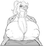  ambiguous_species anthro big_breasts breasts cabigoola clothed clothing female huge_breasts hyper hyper_breasts monochrome nipple_bulge obese overweight smile solo 