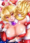  bare_shoulders blonde_hair breasts christmas cleavage elbow_gloves eyebrows fang gloves huge_breasts izuna_(shinrabanshou) kittan_(cve27426) long_hair looking_at_viewer red_eyes red_gloves red_legwear sack santa_costume shinrabanshou solo thighhighs 