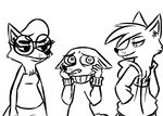  2016 alternate_species anthro black_and_white canine chest_tuft clothed clothing cute_fangs disney eye_contact eyewear fan_character female fox glasses group hands_in_pockets hands_on_face hoodie hugh_muskroura inkyfrog male mammal maxine_d&#039;lapin monochrome percy_vison simple_background smile tuft white_background zootopia 