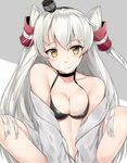  amatsukaze_(kantai_collection) bad_id bad_pixiv_id bangs bare_shoulders bikini bikini_top bikini_under_clothes black_bikini_top blush breasts choker cleavage closed_mouth collarbone eyebrows_visible_through_hair fang fang_out frown grey_background grey_jacket hair_tubes hairband highres jacket kantai_collection knees_up long_hair long_sleeves looking_at_viewer medium_breasts navel off_shoulder silver_hair slit_pupils solo stomach suzuharu_toufu swimsuit two-tone_background two_side_up very_long_hair white_background windsock yellow_eyes 