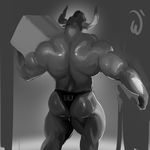  anthro bovine butt cattle clothing hair horn male mammal monochrome muscular painting solo standing underwear whatinsomnia 