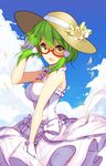  :d bison_cangshu blue_sky breasts cloud day dress glasses gloves hat highres looking_at_viewer medium_breasts new_orleans_(zhan_jian_shao_nyu) open_mouth outdoors short_hair sky smile solo straw_hat white_dress white_gloves wind yellow_eyes zhan_jian_shao_nyu 