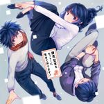  2boys blue_hair copyright_name curly_hair enjou_shuusuke kaburagi_masaya kenkyo_kenjitsu_wo_motto_ni_ikite_orimasu kisshouin_reika long_skirt long_sleeves moya_(3254224) multiple_boys plantar_flexion purple_eyes scarf skirt spiked_hair translated watch wristwatch 