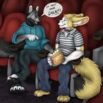  2015 anthro canine claws clothed clothing collar digital_media_(artwork) duo english_text fennec food fox fur male male/male mammal movie_theater popcorn smile staggard teeth text tongue 