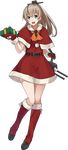  aqua_eyes ascot boots brown_hair dress full_body gift hair_ornament kantai_collection konishi_(koconatu) kumano_(kantai_collection) long_hair machinery mittens official_art open_mouth ponytail santa_costume smile solo transparent_background turret 