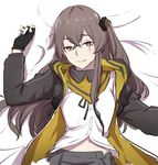  bed black_gloves bow brown_hair buttons eyebrows eyebrows_visible_through_hair fingerless_gloves girls_frontline gloves hair_bow hood hooded_jacket jacket long_hair looking_at_viewer nose one_side_up parted_lips ribbon scar scar_across_eye skirt solo ump45_(girls_frontline) unbuttoned upper_body very_long_hair xiujia_yihuizi yellow_eyes 